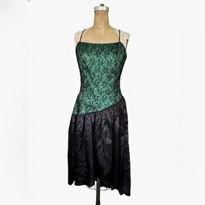 Vintage 80s Gunne Sax Jessica McClintock Prom Dress Green Black Lace Sz 13